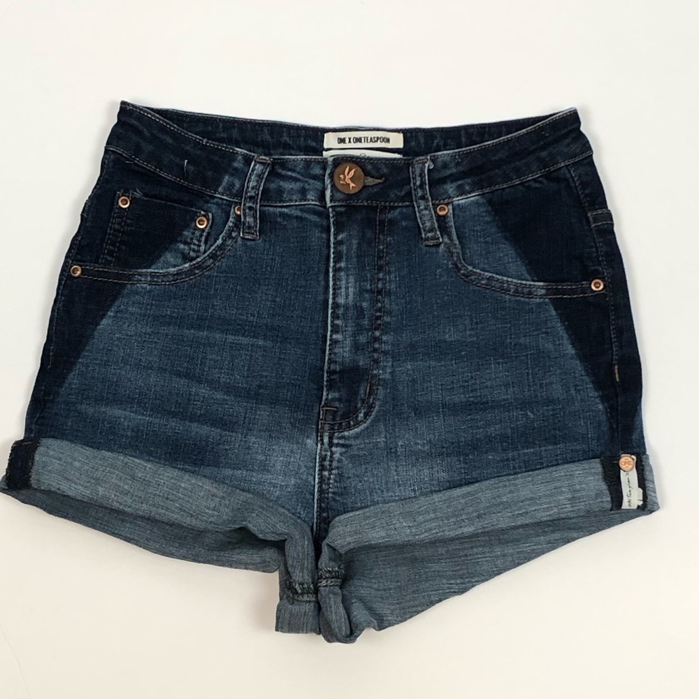 One Teaspoon Two-Tone Dark Wash High-Rise Cuffed Jean Shorts